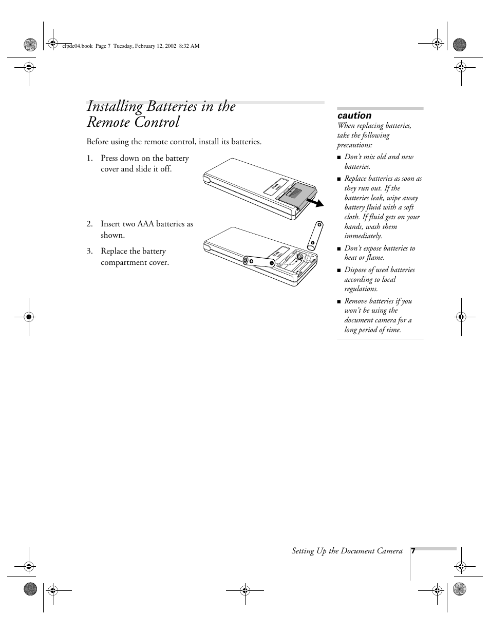 Installing batteries in the remote control | Epson ELPD04 User Manual | Page 12 / 58