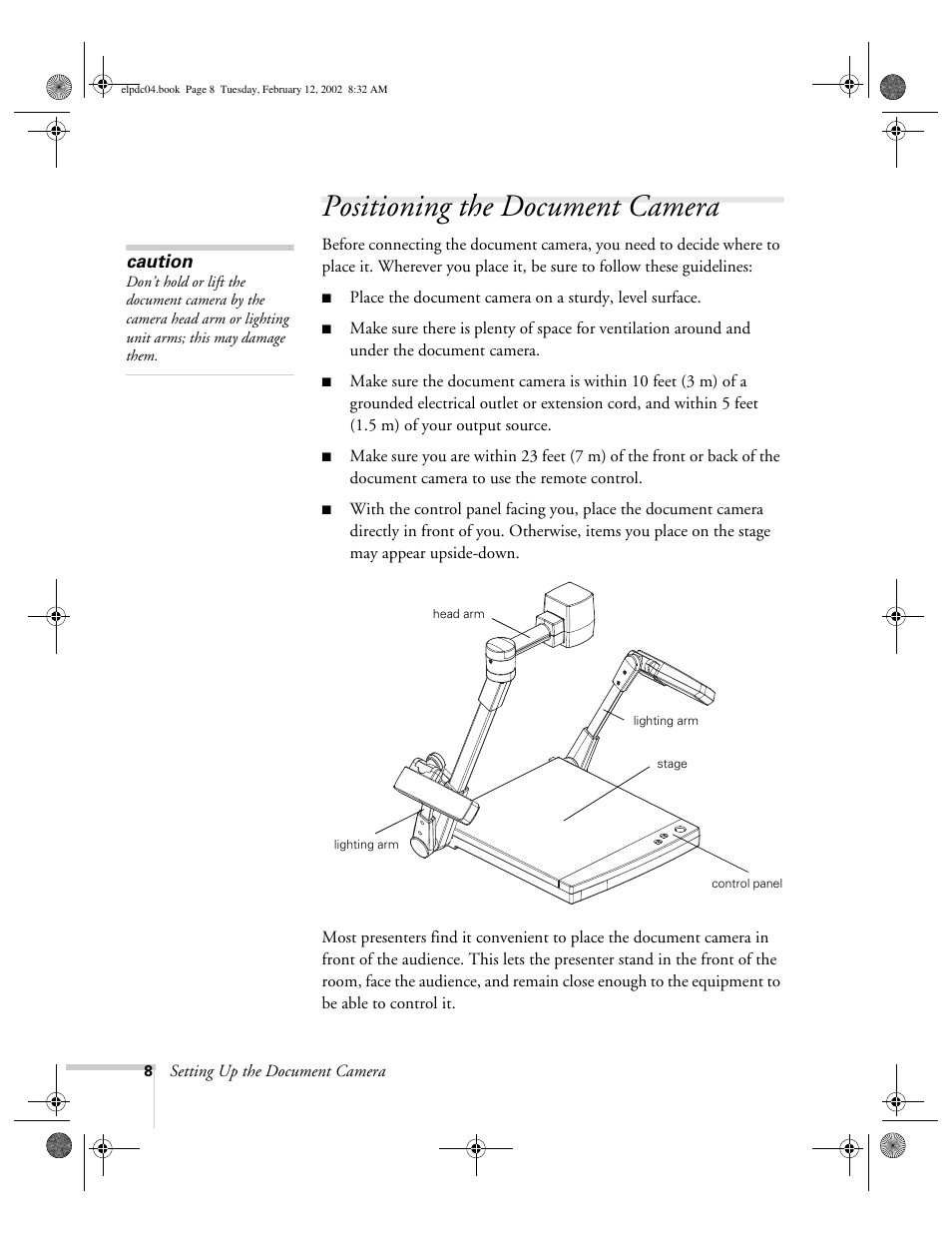 Positioning the document camera | Epson ELPD04 User Manual | Page 13 / 58