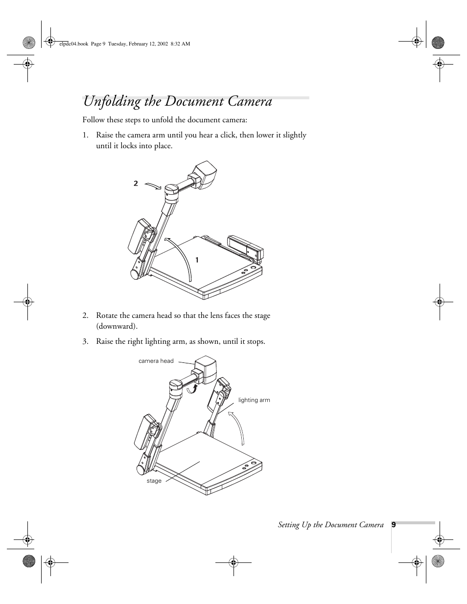 Unfolding the document camera | Epson ELPD04 User Manual | Page 14 / 58