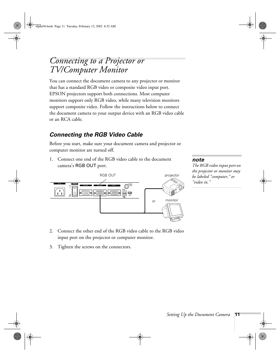 Connecting to a projector or tv/ computer monitor, Connecting the rgb video cable, Connecting to a projector or tv/computer monitor | Setting up the document camera | Epson ELPD04 User Manual | Page 16 / 58