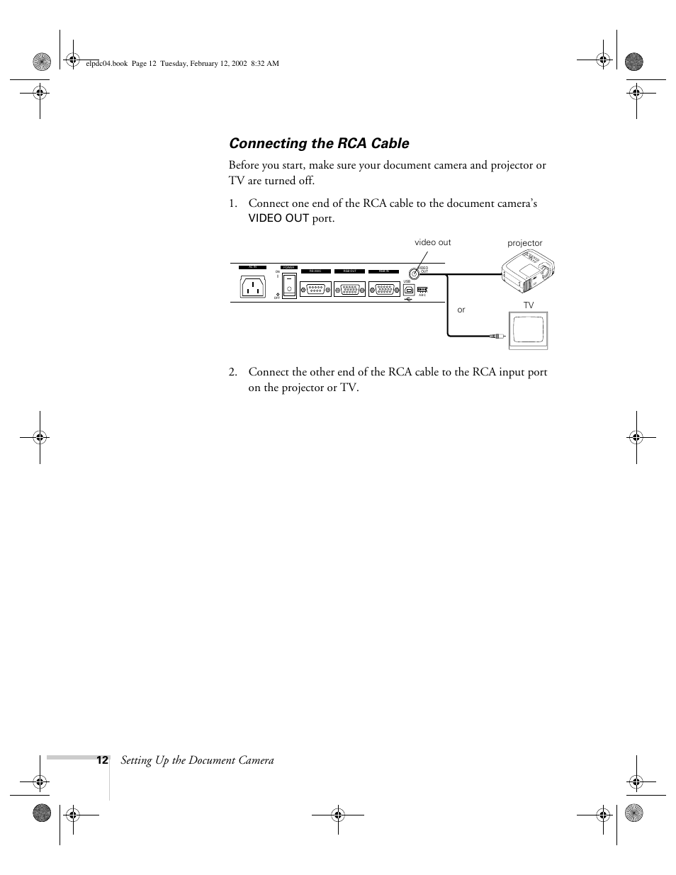 Connecting the rca cable, Setting up the document camera, Video out | Epson ELPD04 User Manual | Page 17 / 58