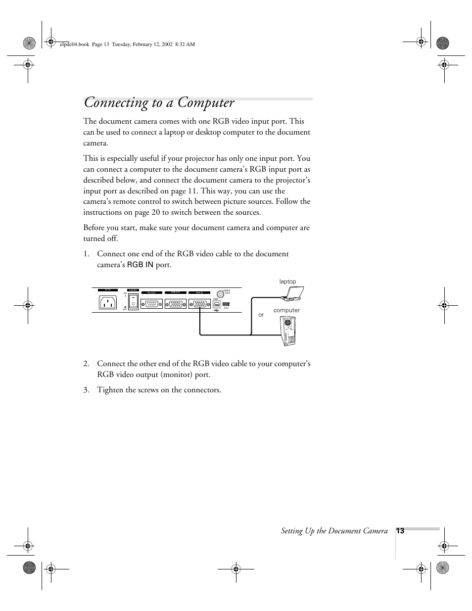 Connecting to a computer, Setting up the document camera, Rgb in | Epson ELPD04 User Manual | Page 18 / 58