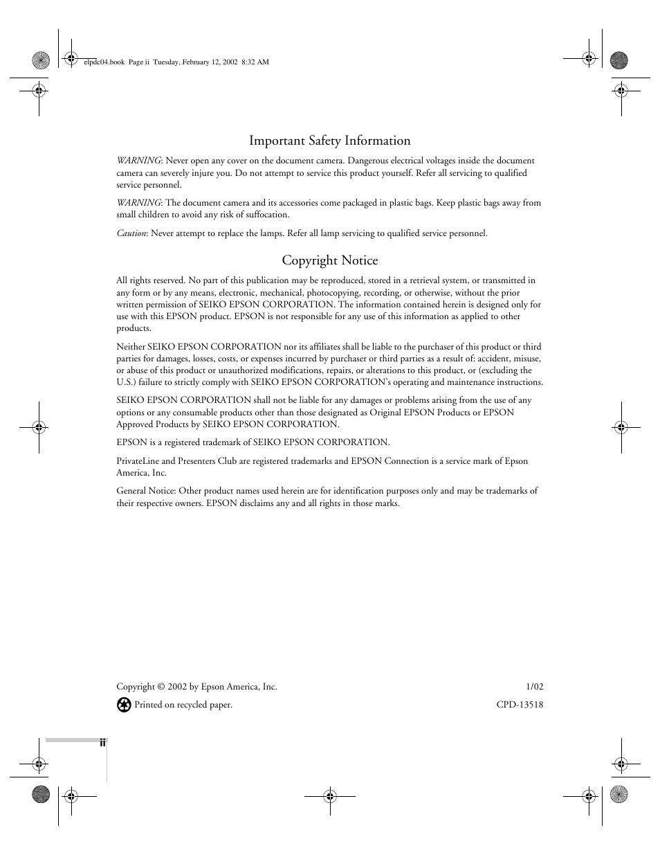 Important safety information, Copyright notice | Epson ELPD04 User Manual | Page 2 / 58