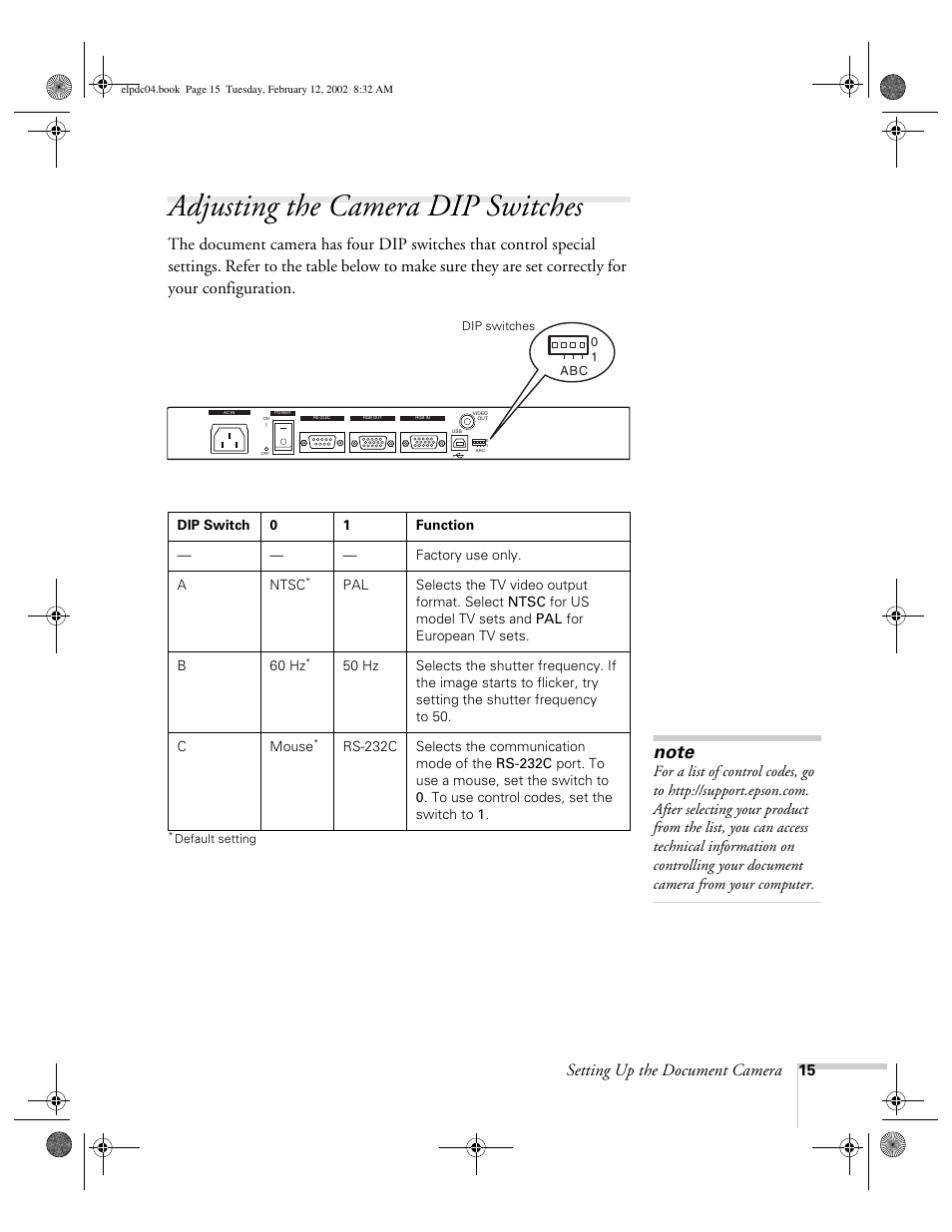 Adjusting the camera dip switches, Setting up the document camera | Epson ELPD04 User Manual | Page 20 / 58