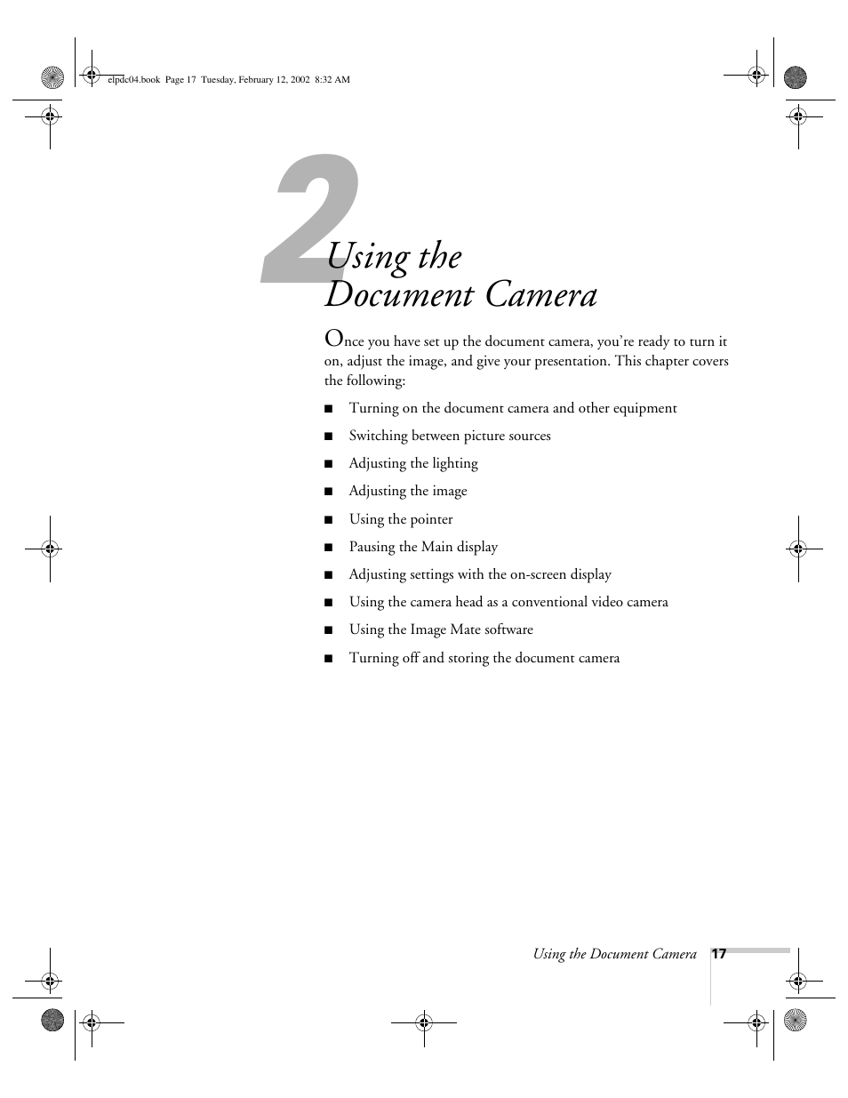 Chap 2-using the document camera, Using the document camera | Epson ELPD04 User Manual | Page 22 / 58