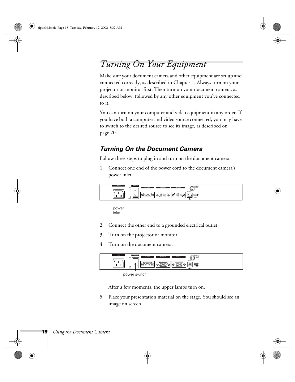 Turning on your equipment, Turning on the document camera, Using the document camera | Epson ELPD04 User Manual | Page 23 / 58