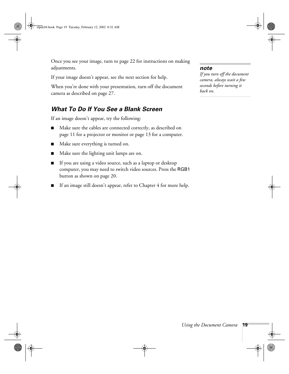 What to do if you see a blank screen | Epson ELPD04 User Manual | Page 24 / 58