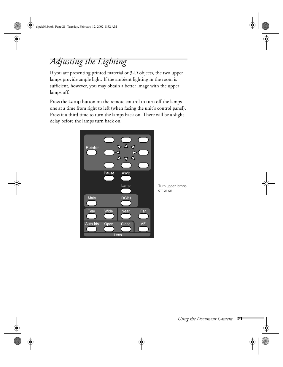 Adjusting the lighting | Epson ELPD04 User Manual | Page 26 / 58