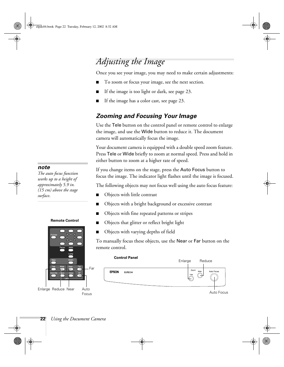 Adjusting the image, Zooming and focusing your image | Epson ELPD04 User Manual | Page 27 / 58