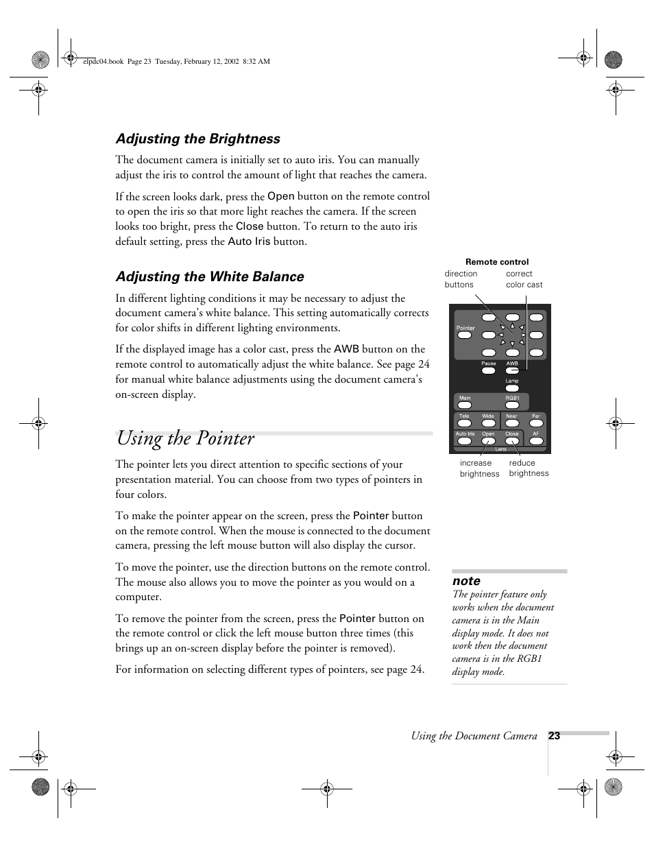 Adjusting the brightness, Adjusting the white balance, Using the pointer | Epson ELPD04 User Manual | Page 28 / 58