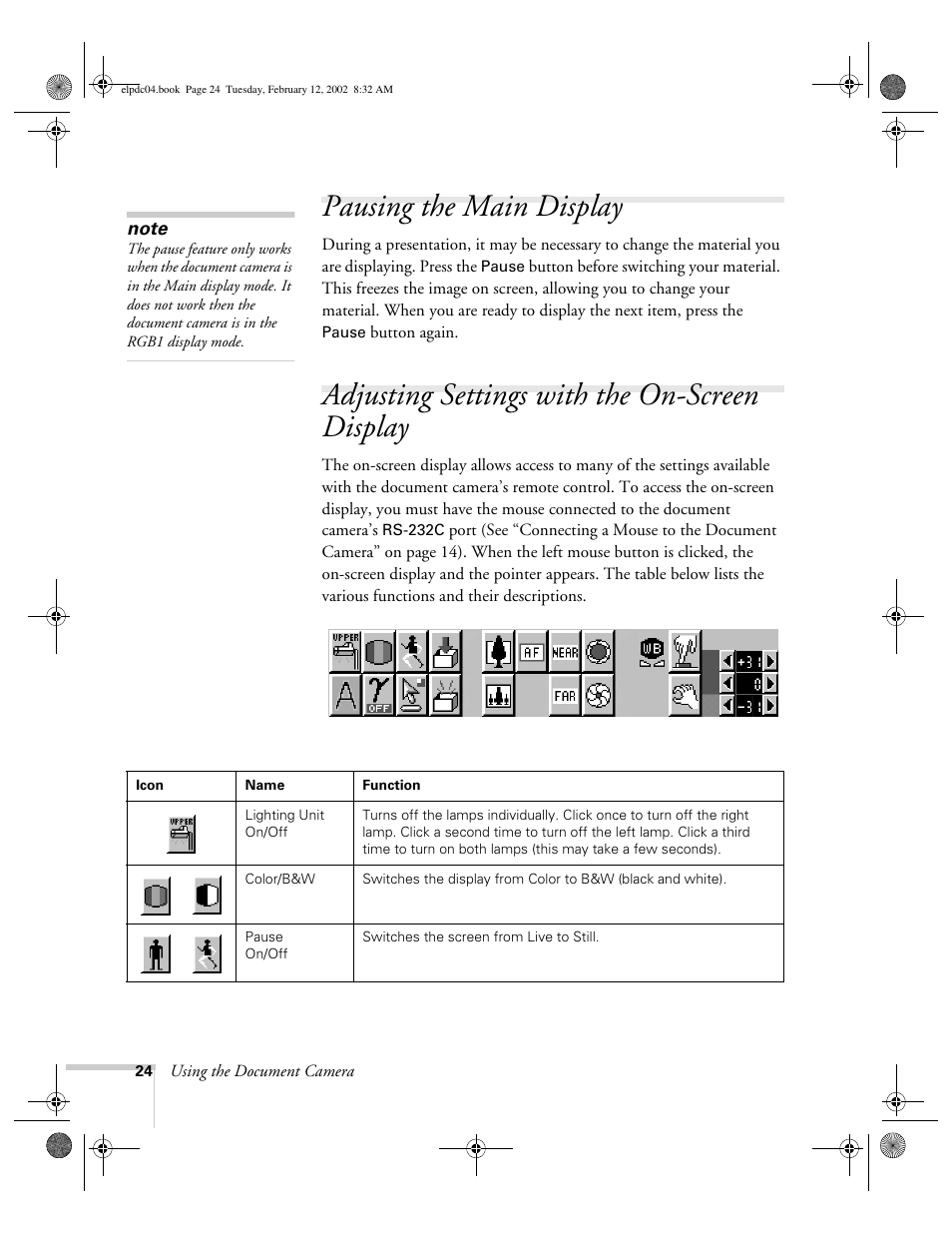 Pausing the main display, Adjusting settings with the on-screen display | Epson ELPD04 User Manual | Page 29 / 58