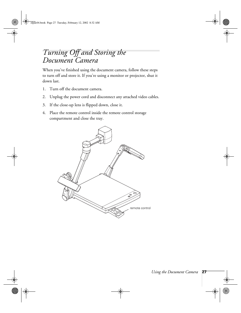 Turning off and storing the document camera | Epson ELPD04 User Manual | Page 32 / 58