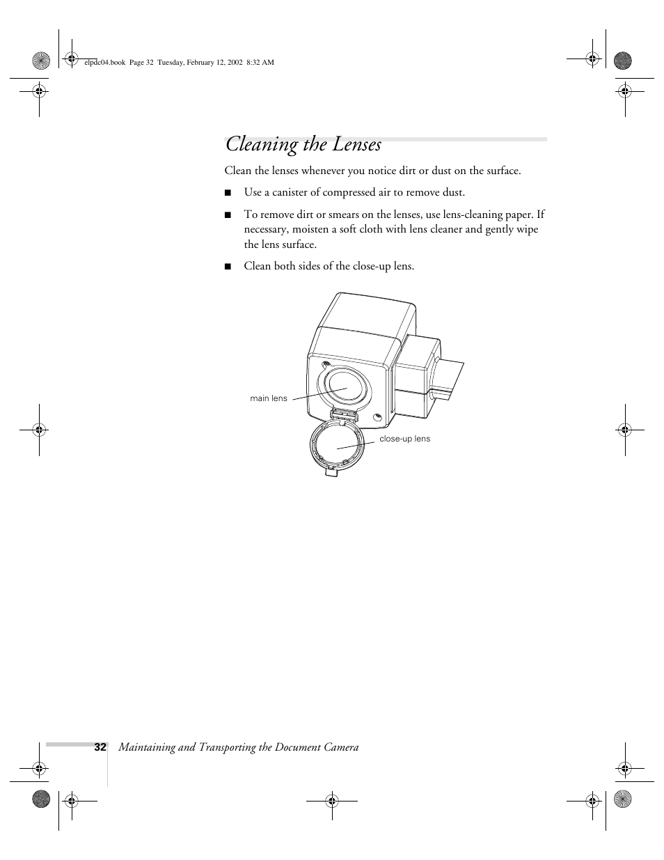 Cleaning the lenses | Epson ELPD04 User Manual | Page 37 / 58