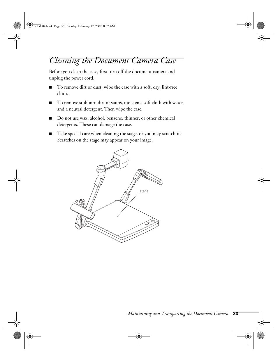 Cleaning the document camera case | Epson ELPD04 User Manual | Page 38 / 58
