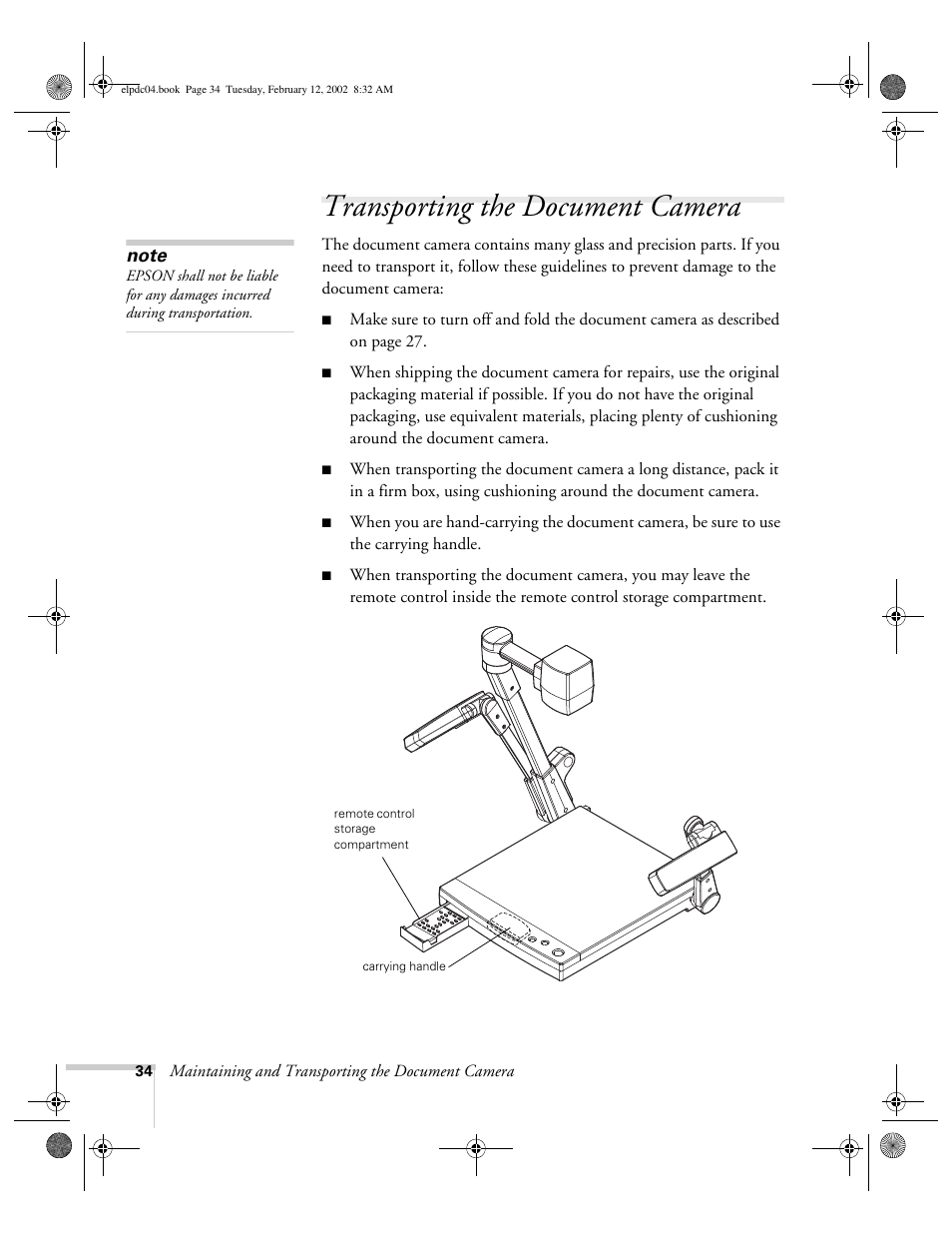 Transporting the document camera | Epson ELPD04 User Manual | Page 39 / 58