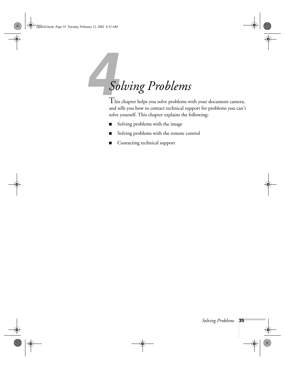 Chap 4-solving problems, Solving problems, T appear, refer to chapter 4 | Epson ELPD04 User Manual | Page 40 / 58