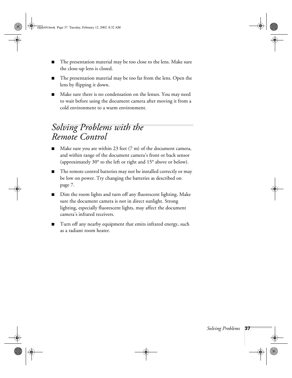 Solving problems with the remote control | Epson ELPD04 User Manual | Page 42 / 58