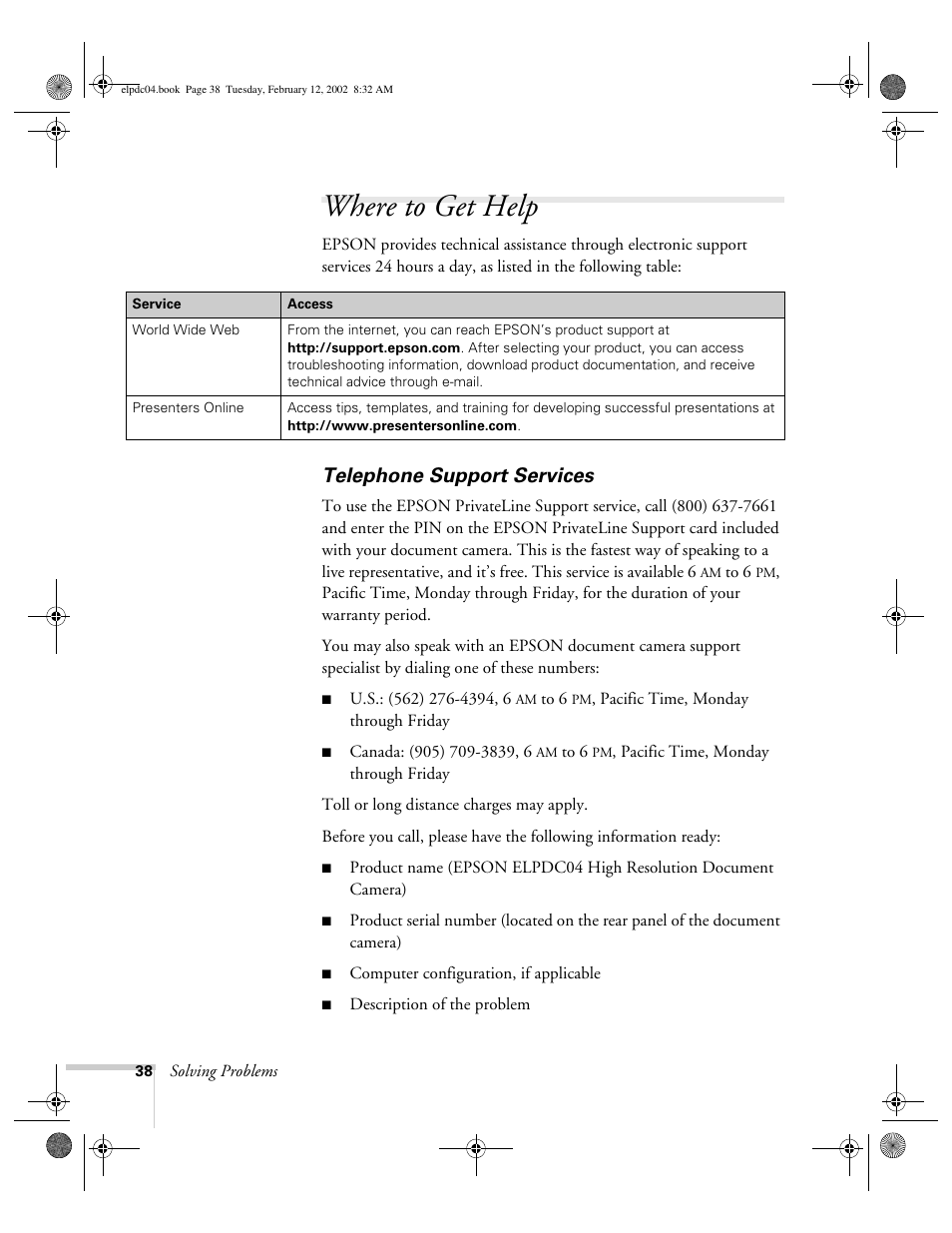 Where to get help, Telephone support services | Epson ELPD04 User Manual | Page 43 / 58
