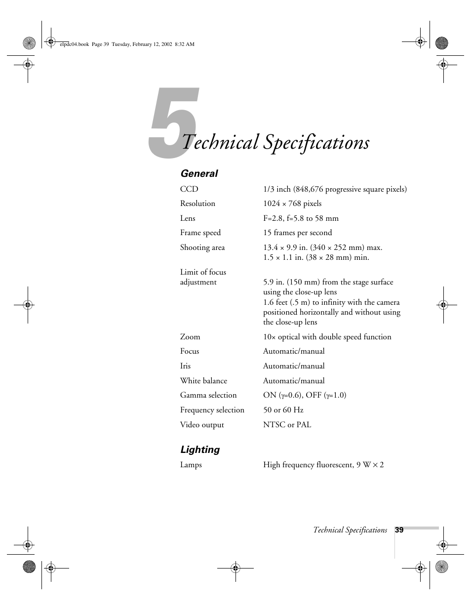 Chap 5-technical specifications, General, Lighting | Technical specifications, General lighting | Epson ELPD04 User Manual | Page 44 / 58