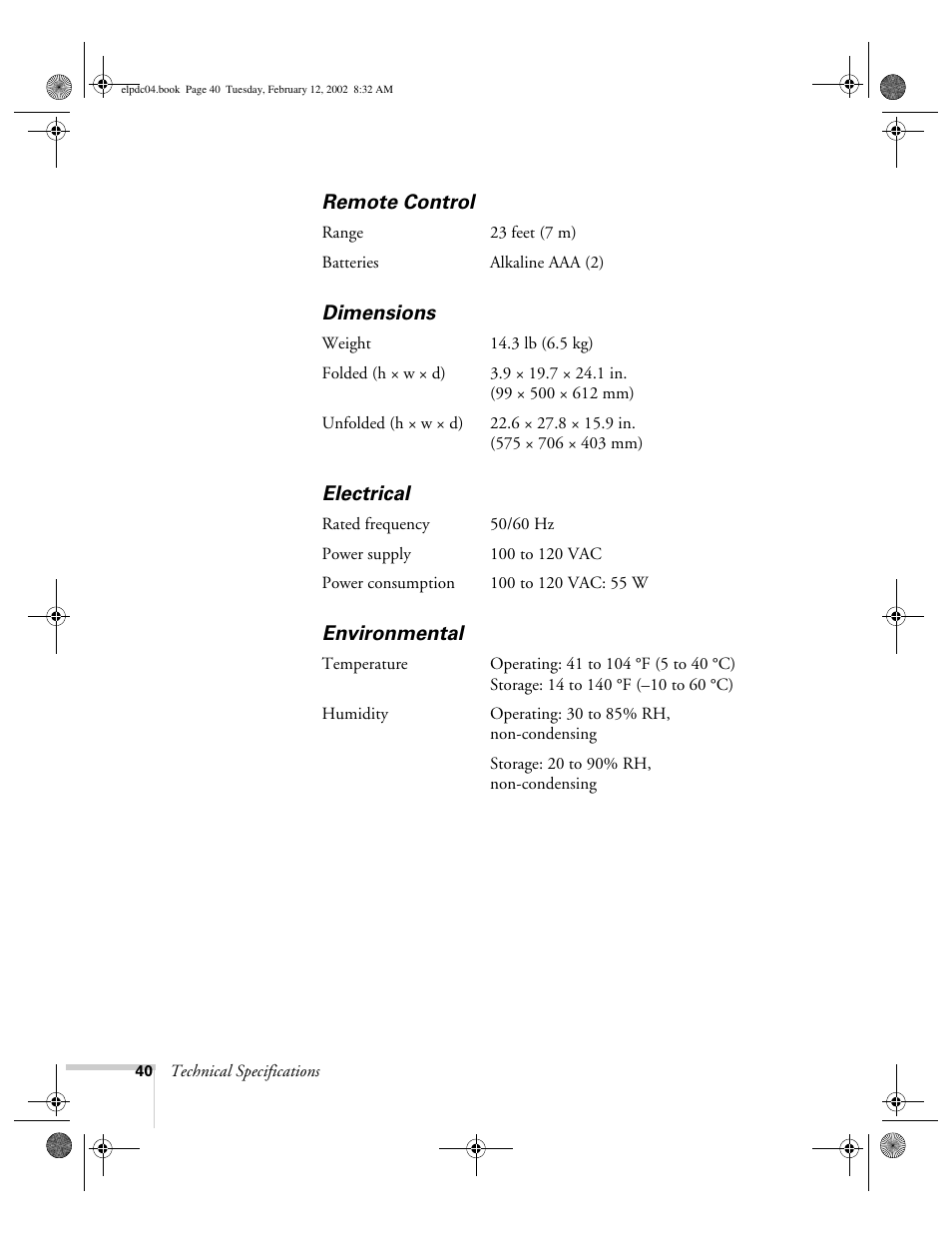 Remote control, Dimensions, Electrical | Environmental, Remote control dimensions electrical environmental | Epson ELPD04 User Manual | Page 45 / 58
