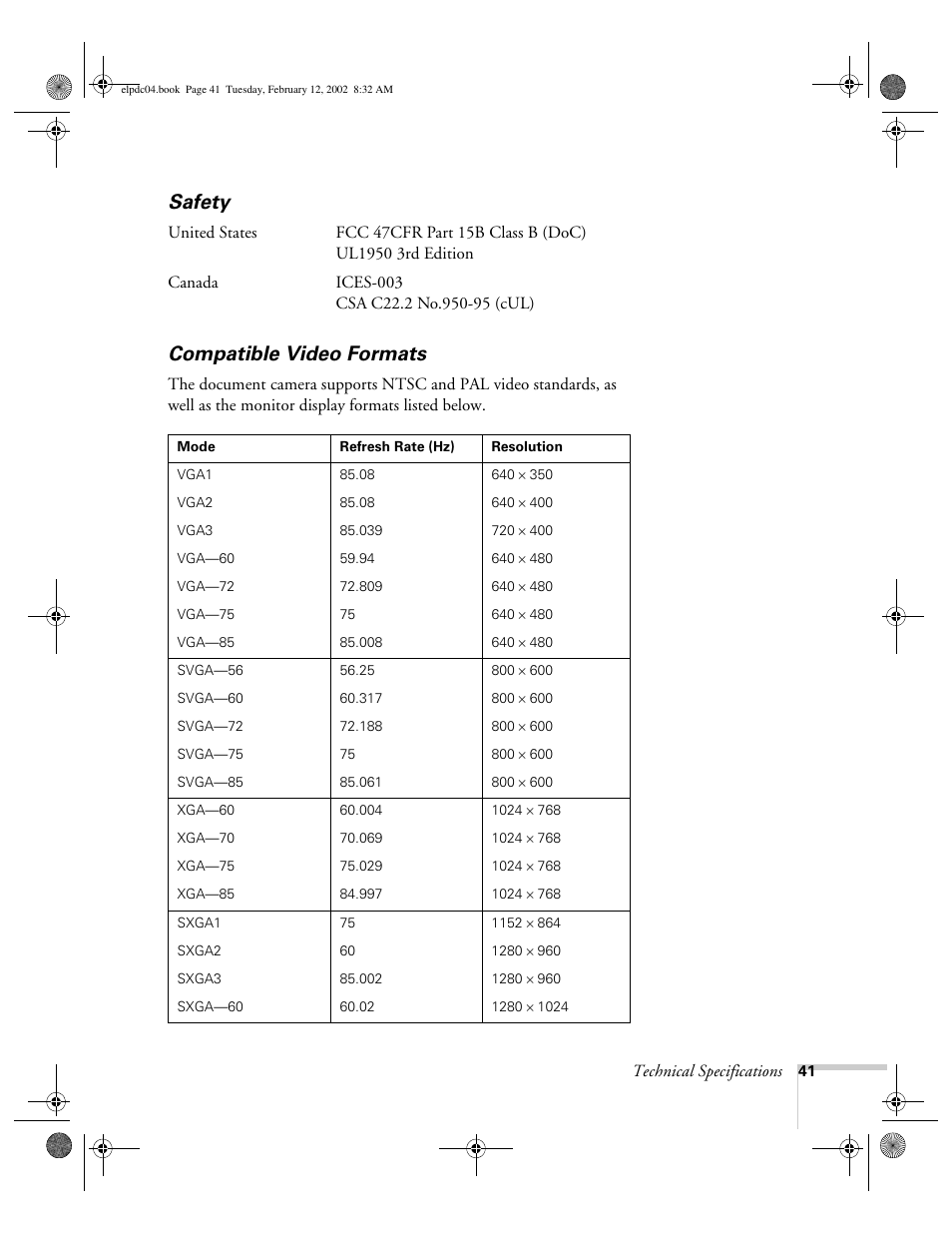 Safety, Compatible video formats, Safety compatible video formats | Epson ELPD04 User Manual | Page 46 / 58