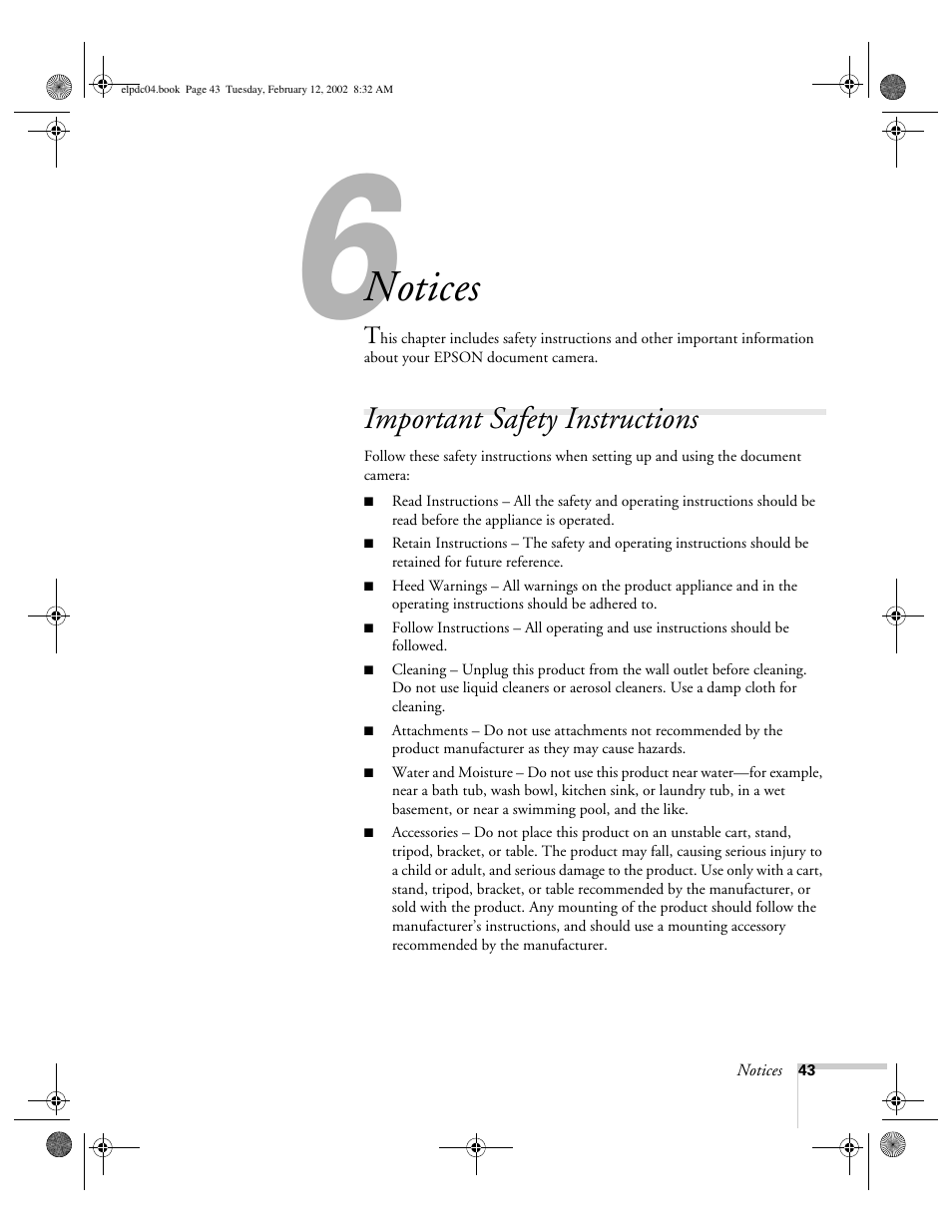Chap 6-notices, Important safety instructions, Notices | Epson ELPD04 User Manual | Page 48 / 58