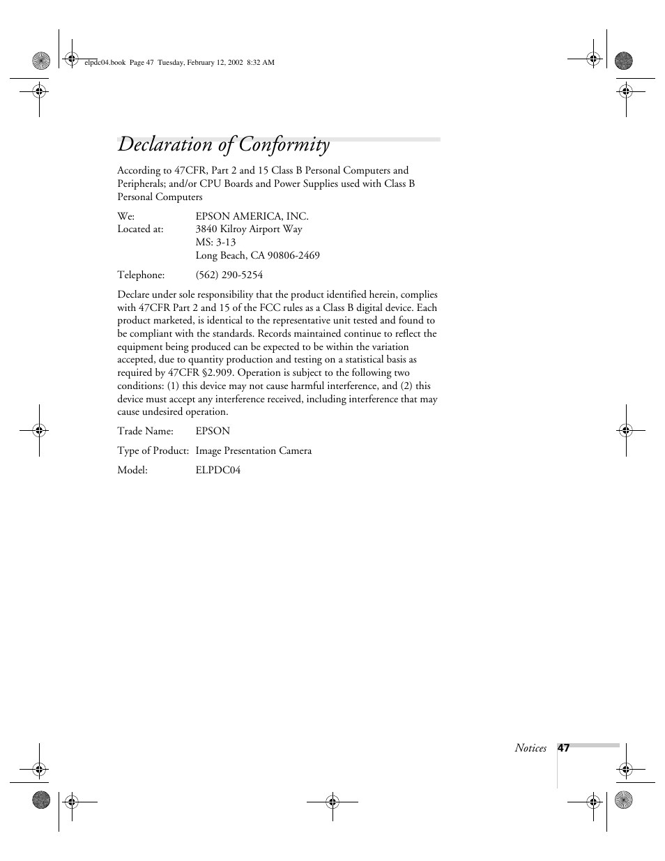 Declaration of conformity | Epson ELPD04 User Manual | Page 52 / 58