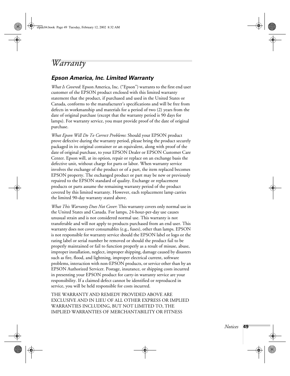 Warranty | Epson ELPD04 User Manual | Page 54 / 58