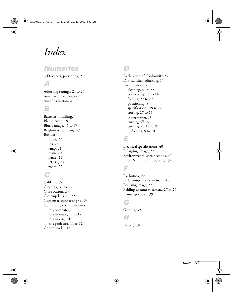 Index, Numerics | Epson ELPD04 User Manual | Page 56 / 58