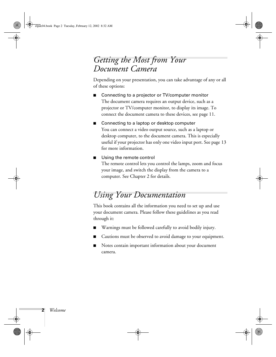 Getting the most from your document camera, Using your documentation | Epson ELPD04 User Manual | Page 7 / 58