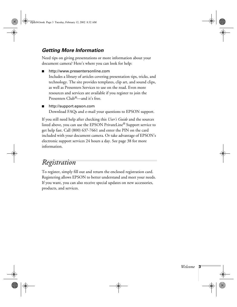 Getting more information, Registration | Epson ELPD04 User Manual | Page 8 / 58
