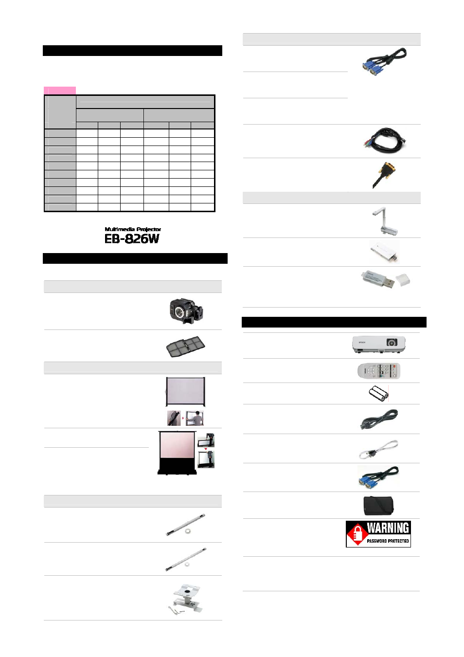 Screen size & projection distance, Accessories, What’s in the box | Epson EB-826WV User Manual | Page 2 / 4