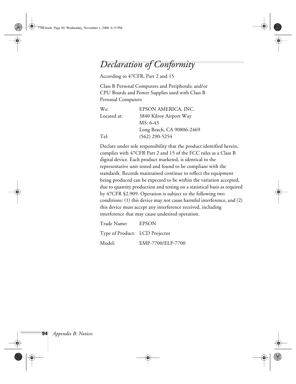 Declaration of conformity | Epson 7700p User Manual | Page 100 / 116