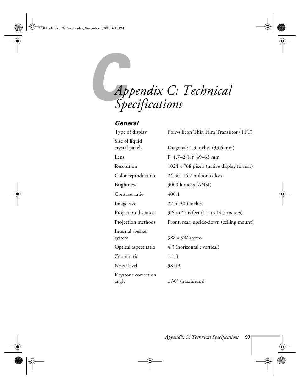Appendix c-technical specifications, General, Appendix c: technical specifications | Epson 7700p User Manual | Page 103 / 116