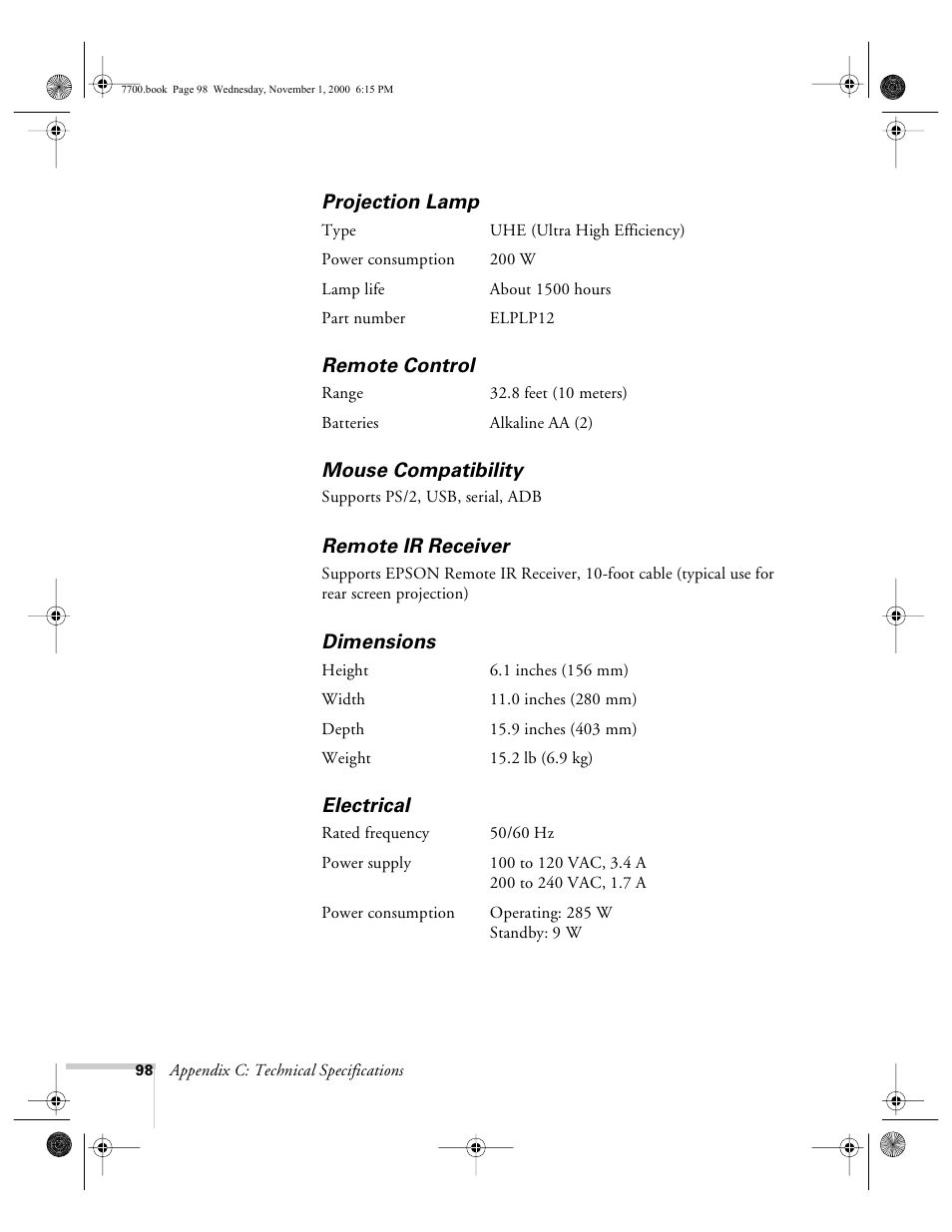 Projection lamp, Remote control, Mouse compatibility | Remote ir receiver, Dimensions, Electrical | Epson 7700p User Manual | Page 104 / 116