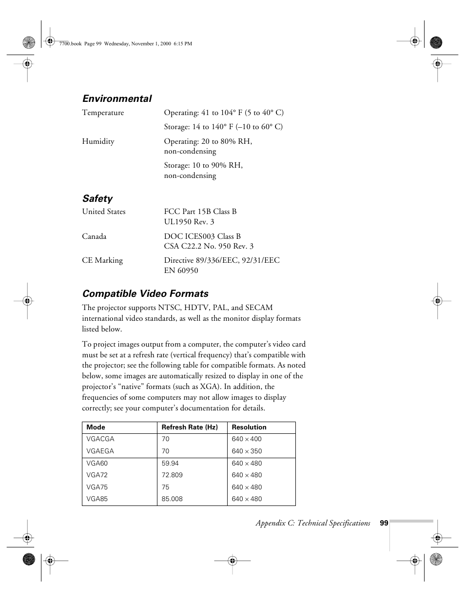 Environmental, Safety, Compatible video formats | Environmental safety compatible video formats | Epson 7700p User Manual | Page 105 / 116