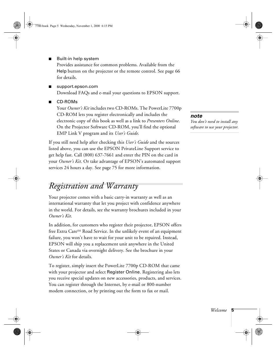 Registration and warranty | Epson 7700p User Manual | Page 11 / 116