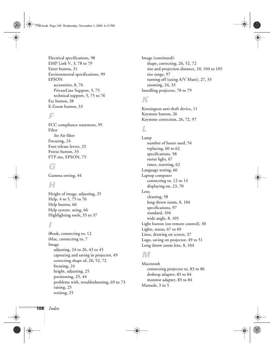 Epson 7700p User Manual | Page 114 / 116