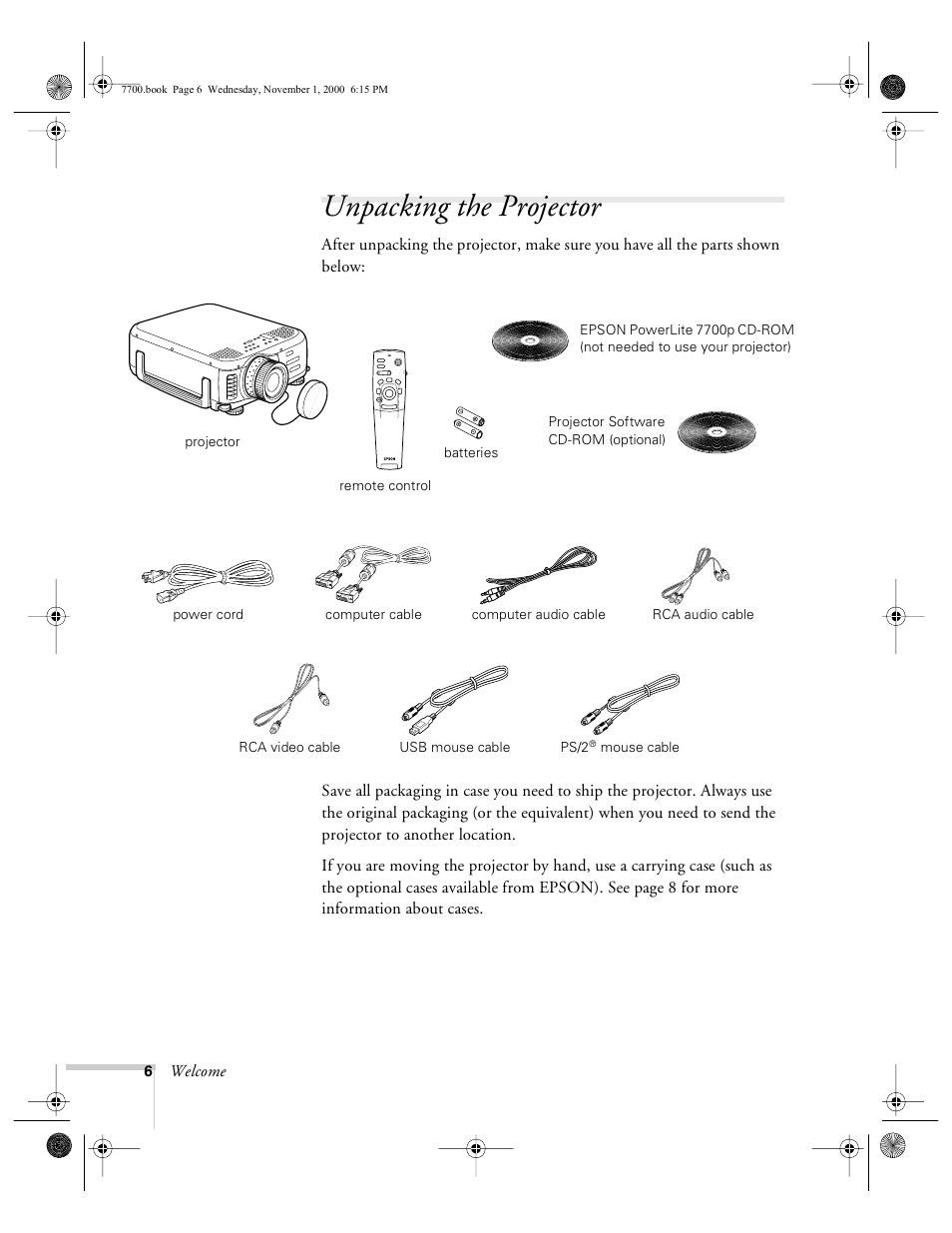 Unpacking the projector, Welcome, R/c on off | Epson 7700p User Manual | Page 12 / 116