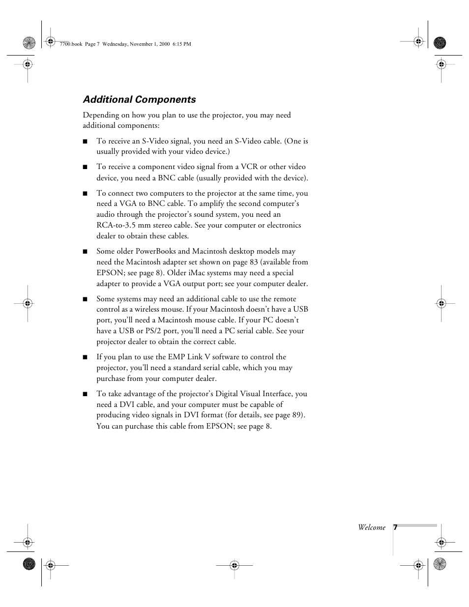 Additional components | Epson 7700p User Manual | Page 13 / 116