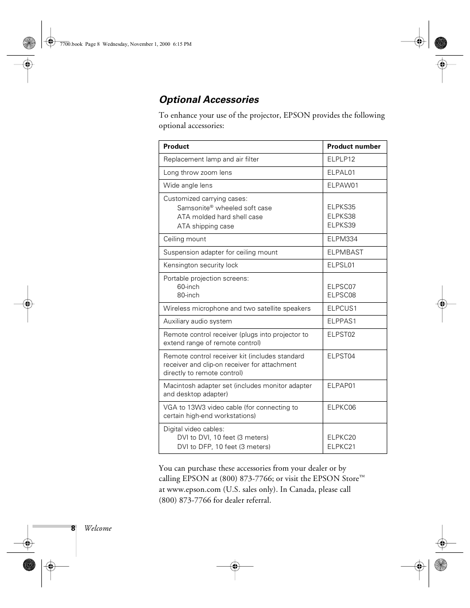 Optional accessories | Epson 7700p User Manual | Page 14 / 116