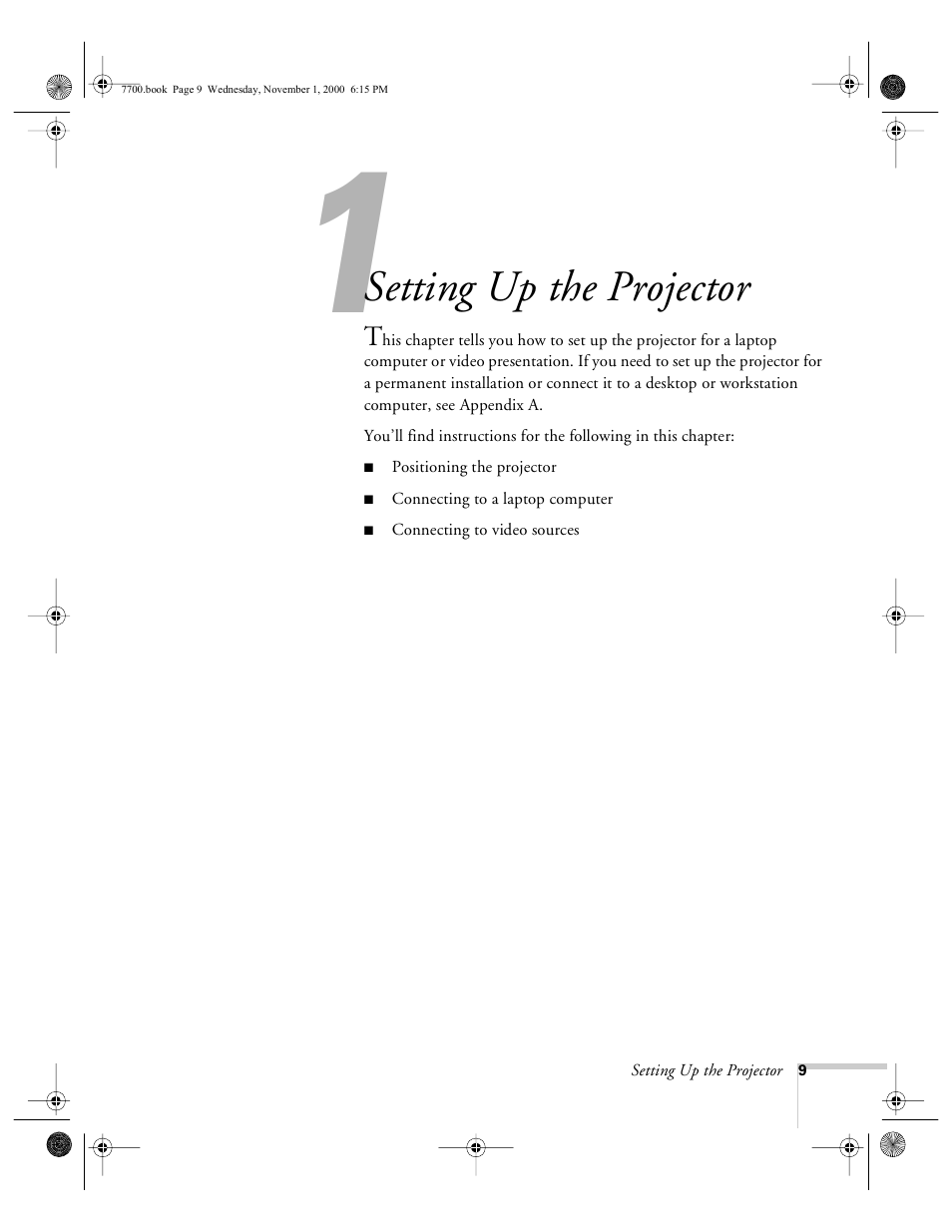Chap 1-setting up the projector, Setting up the projector | Epson 7700p User Manual | Page 15 / 116