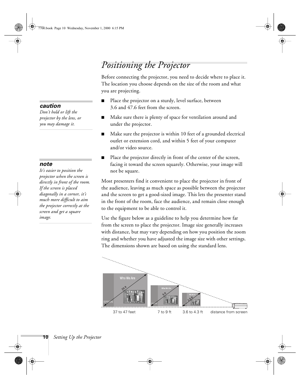 Positioning the projector | Epson 7700p User Manual | Page 16 / 116