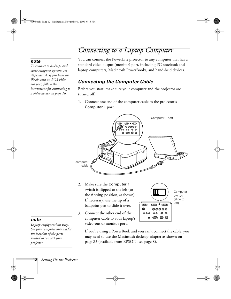 Connecting to a laptop computer, Connecting the computer cable | Epson 7700p User Manual | Page 18 / 116