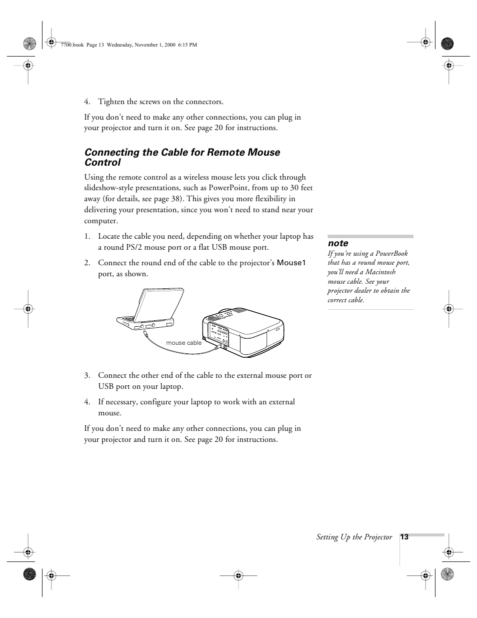 Connecting the cable for remote mouse control | Epson 7700p User Manual | Page 19 / 116