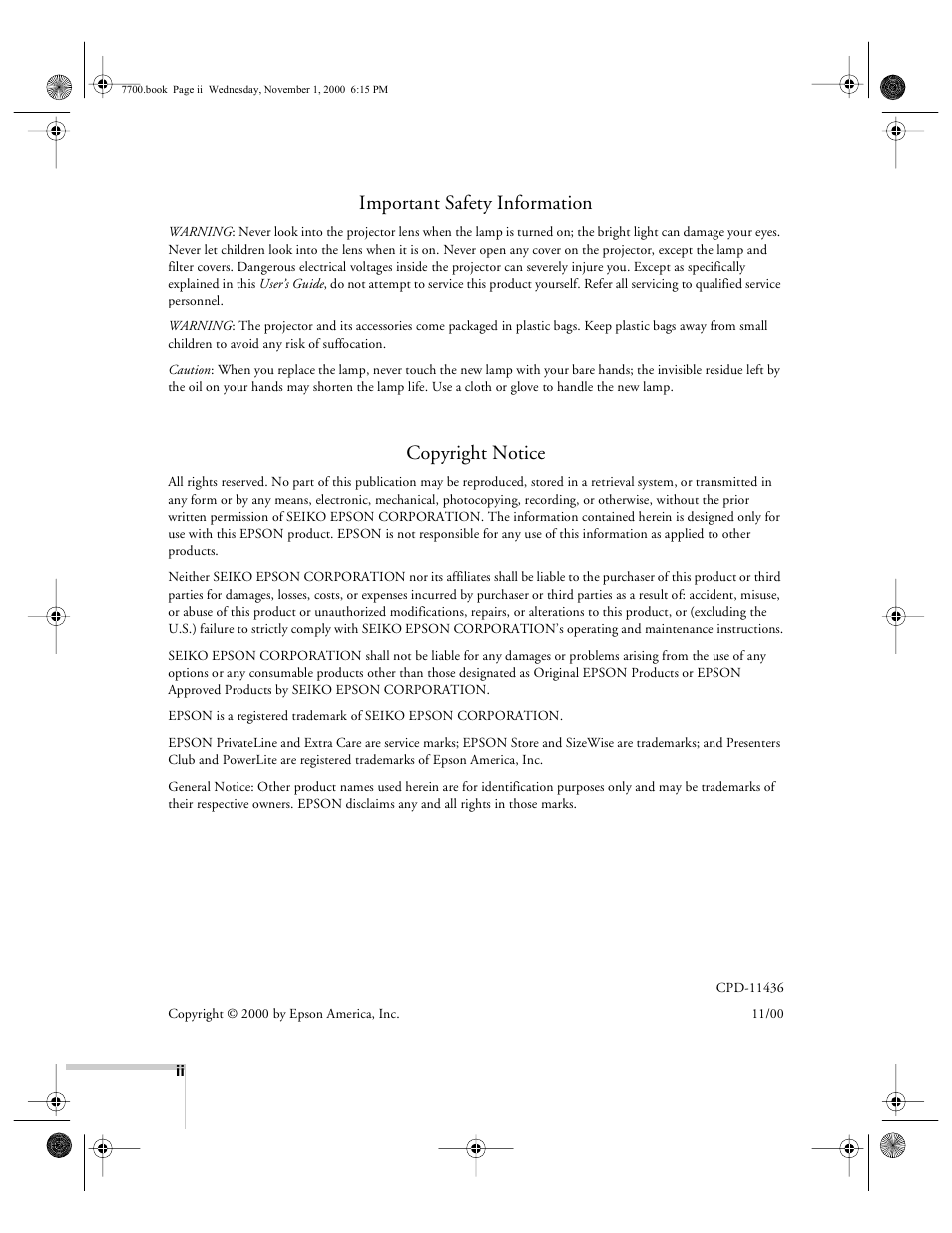 Important safety information, Copyright notice | Epson 7700p User Manual | Page 2 / 116