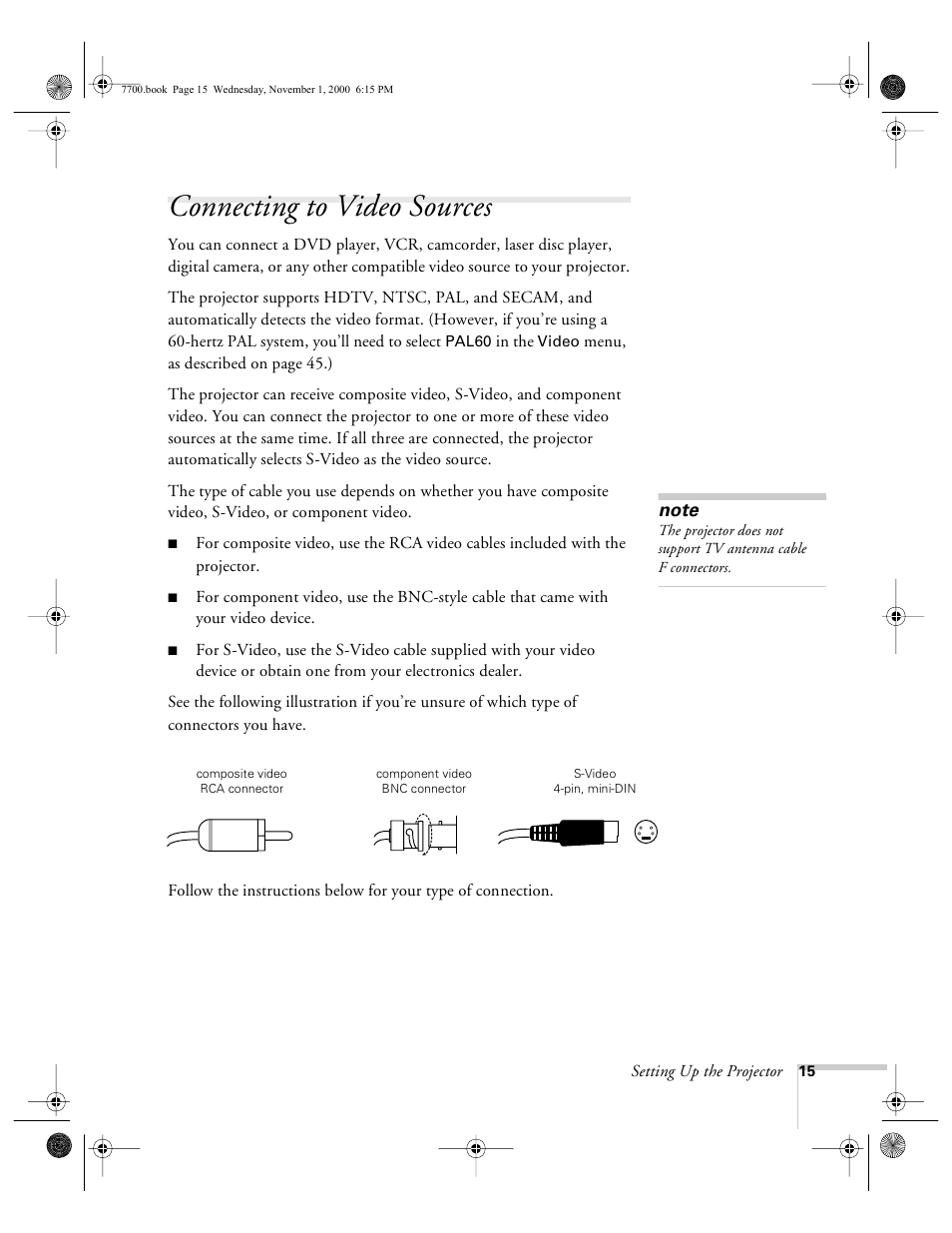 Connecting to video sources | Epson 7700p User Manual | Page 21 / 116