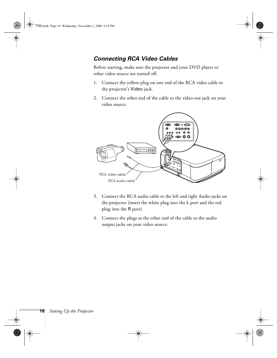 Connecting rca video cables | Epson 7700p User Manual | Page 22 / 116