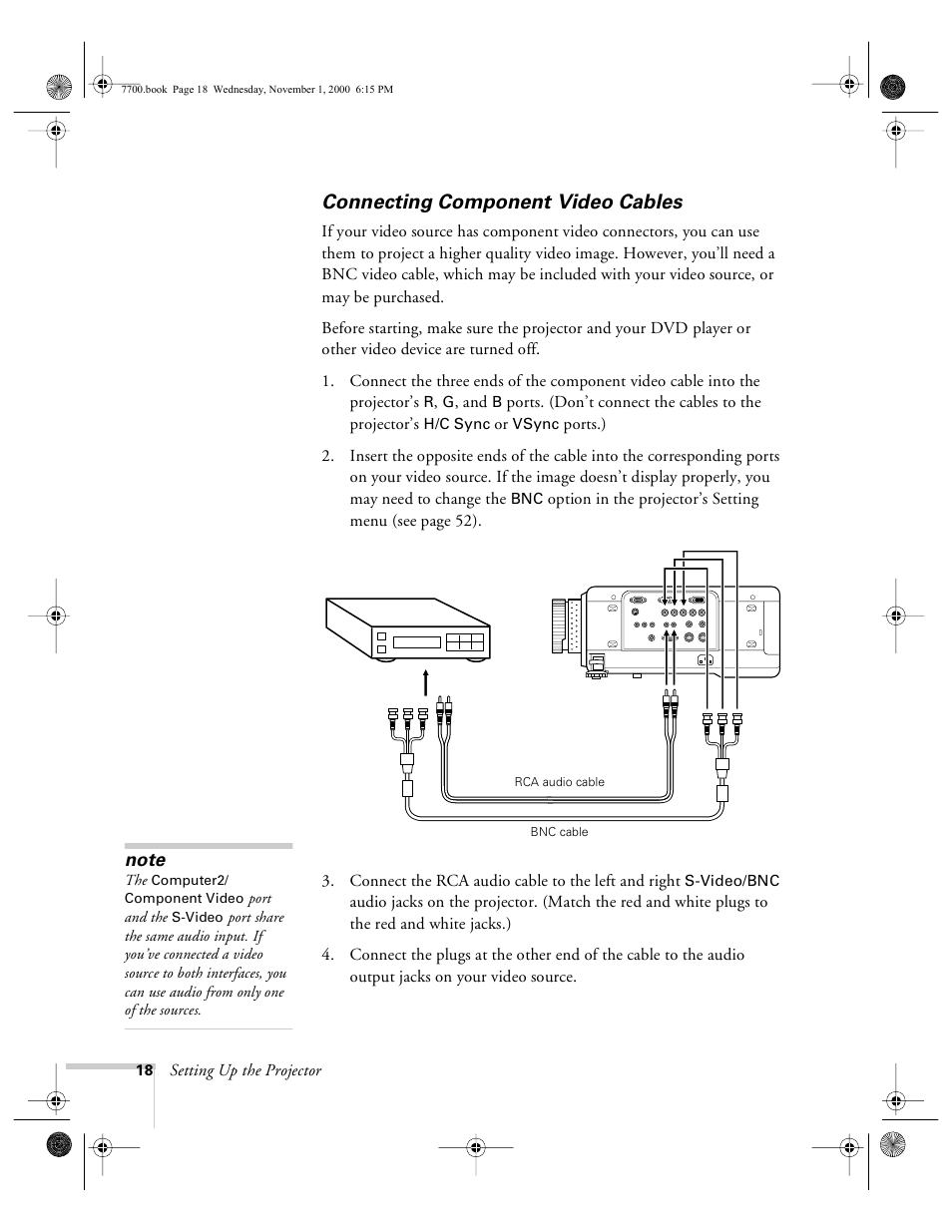 Connecting component video cables | Epson 7700p User Manual | Page 24 / 116