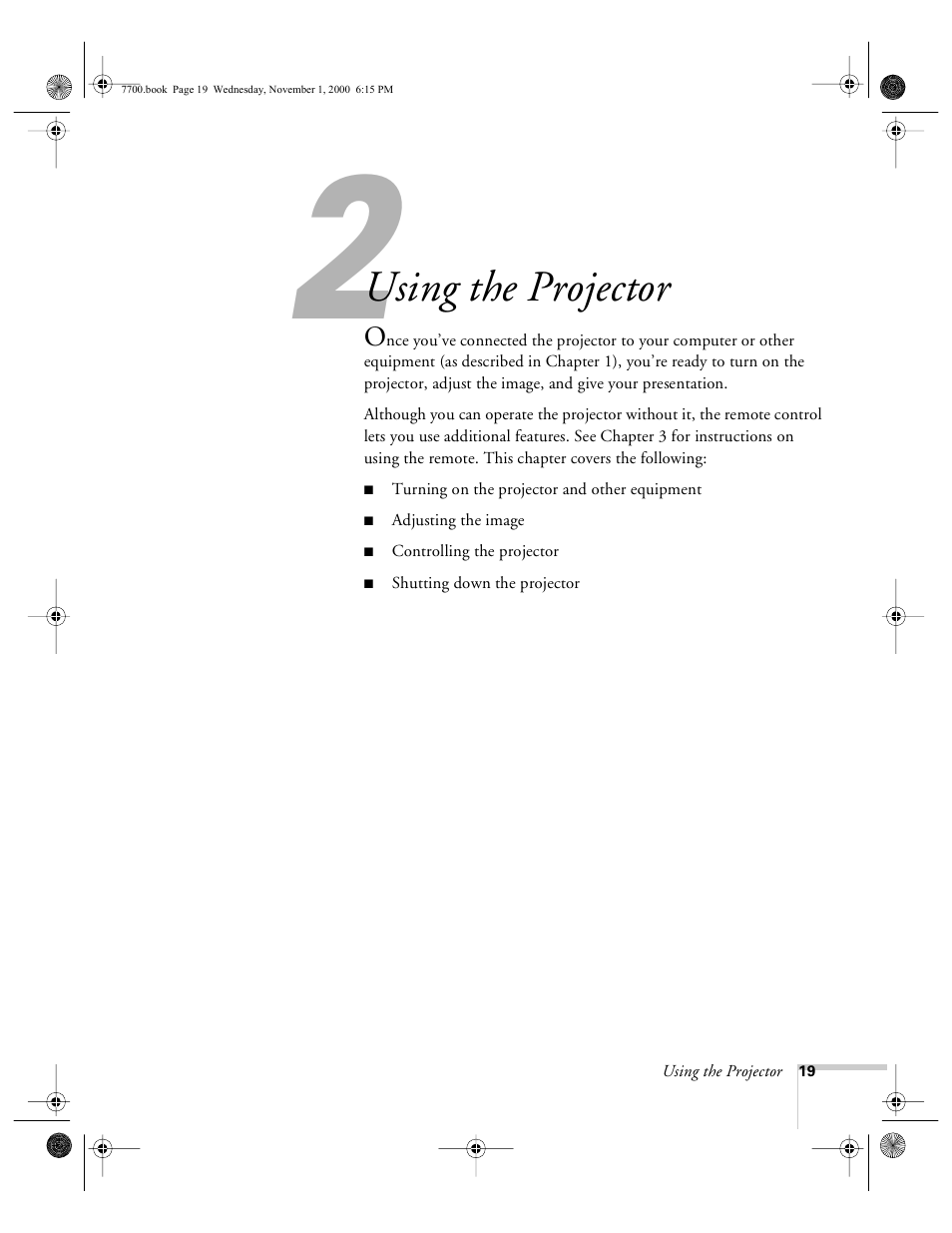 Chap 2- using the projector, Using the projector | Epson 7700p User Manual | Page 25 / 116
